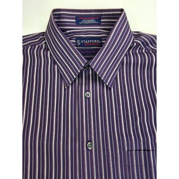 Stafford Size 16.5 34-35 Classic Fit Mens Plum Gray Red Stripe Performance Shirt - Picture 1 of 9